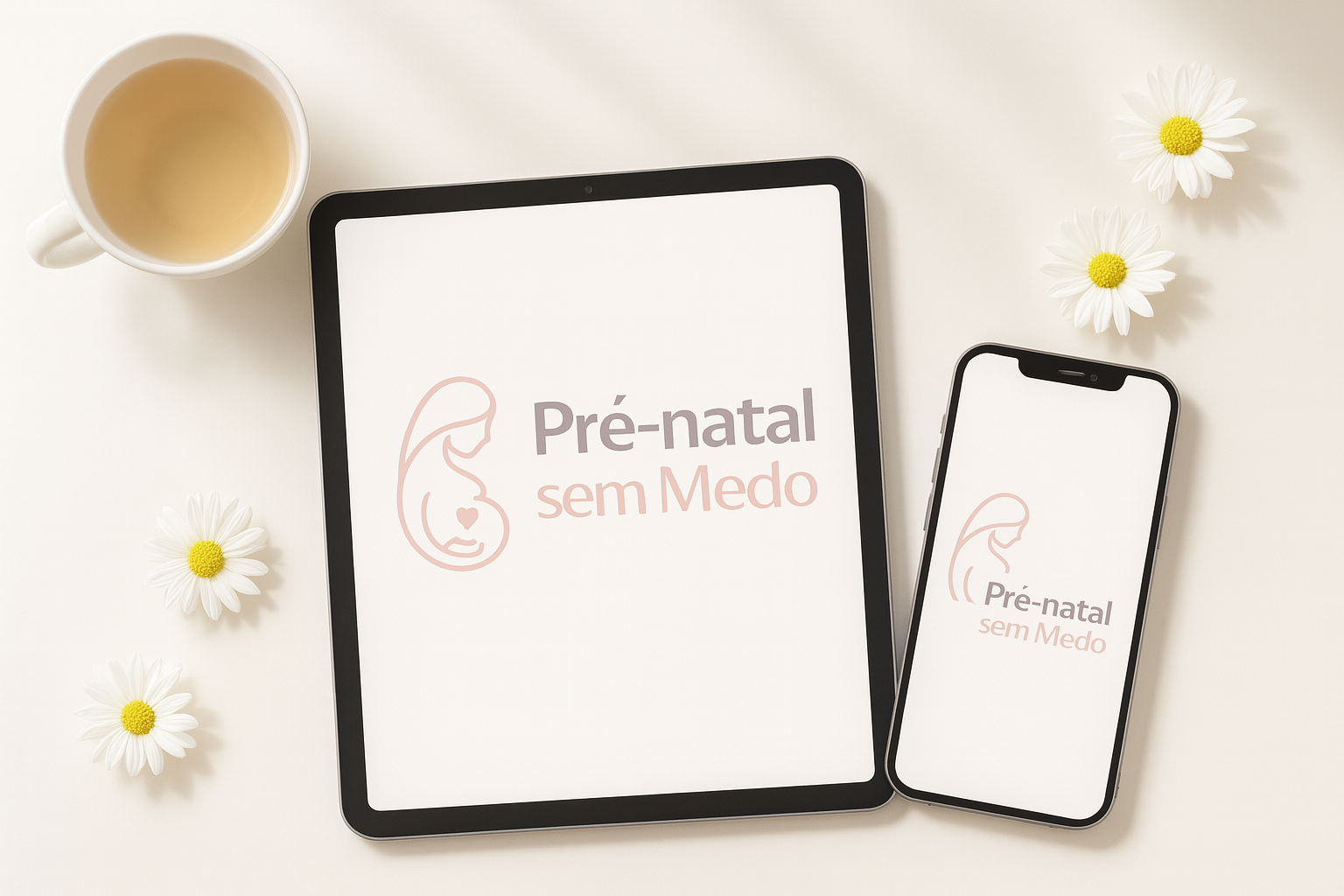 Mockup do E-book Pré-natal sem Medo em tablet e celular