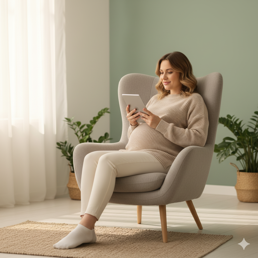 Gestante tranquila lendo na poltrona