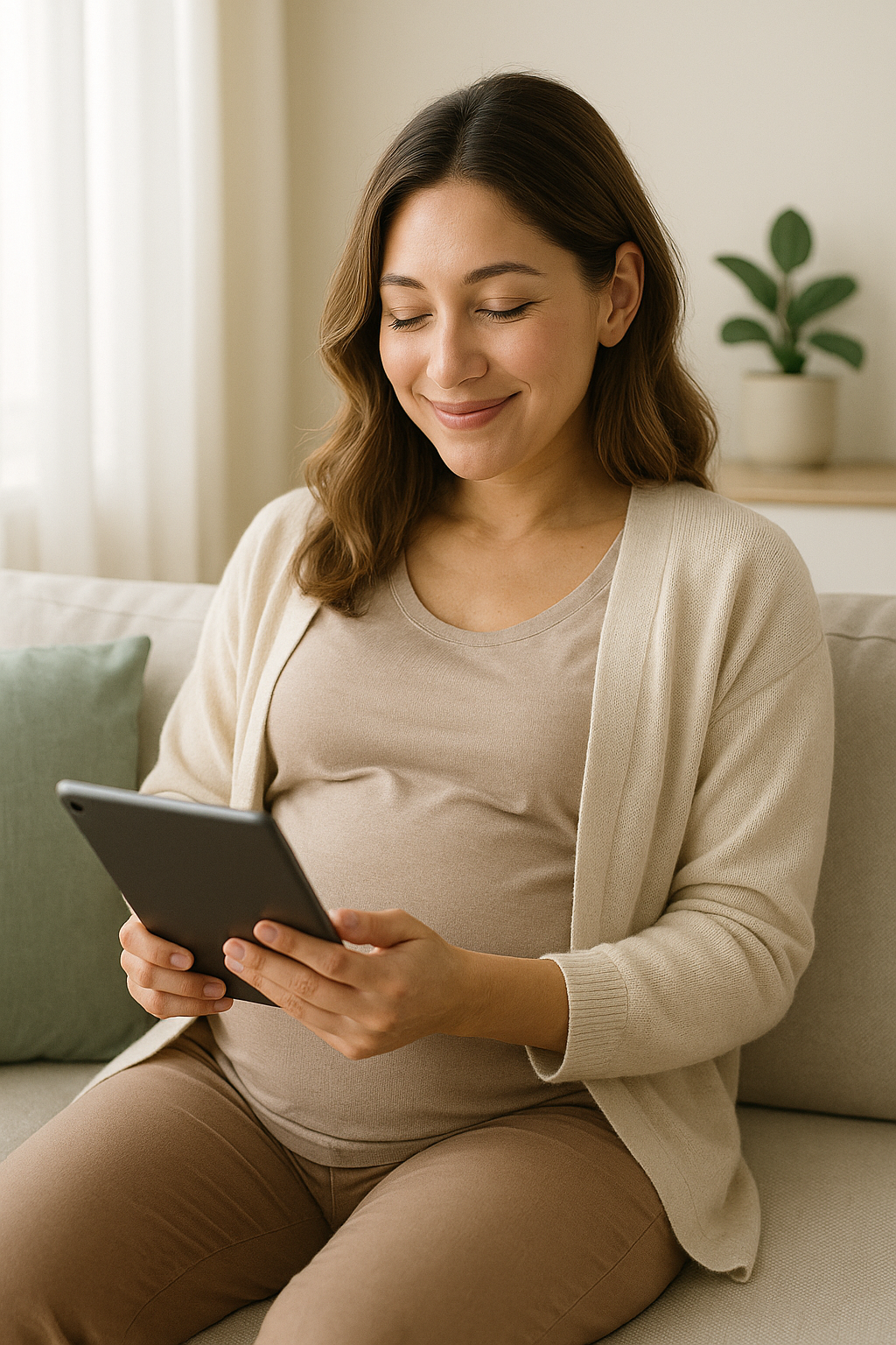 Gestante feliz usando tablet